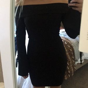 Form Fitting Off the Shoulder Black Dress